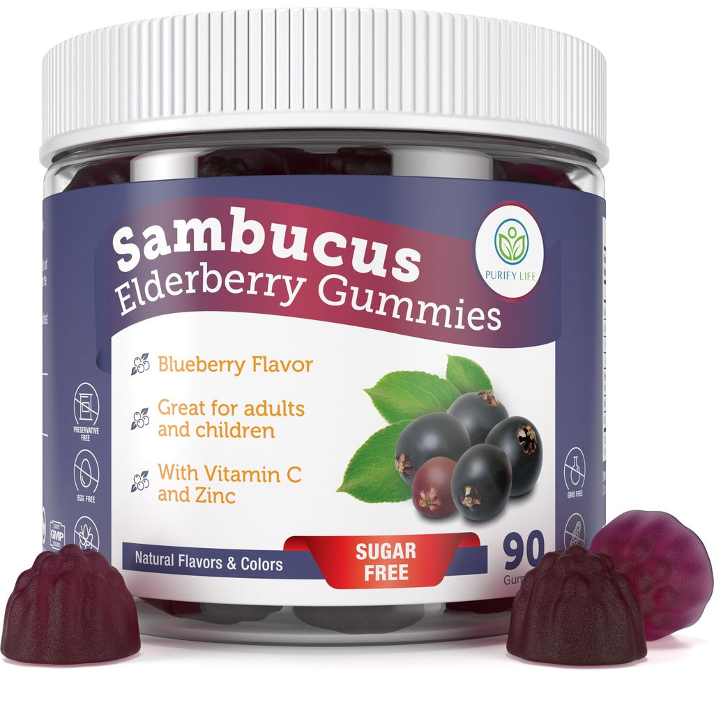 Purify Life Sugar-Free Elderberry Gummies dengan Vitamin C & Zinc untuk Orang Dewasa dan Anak-anak, Dukungan Imune Suplemen untuk Kesehatan Repiratory, Sambucus Elderberry Antioksidant Gummies - Vegan, 90 Count
