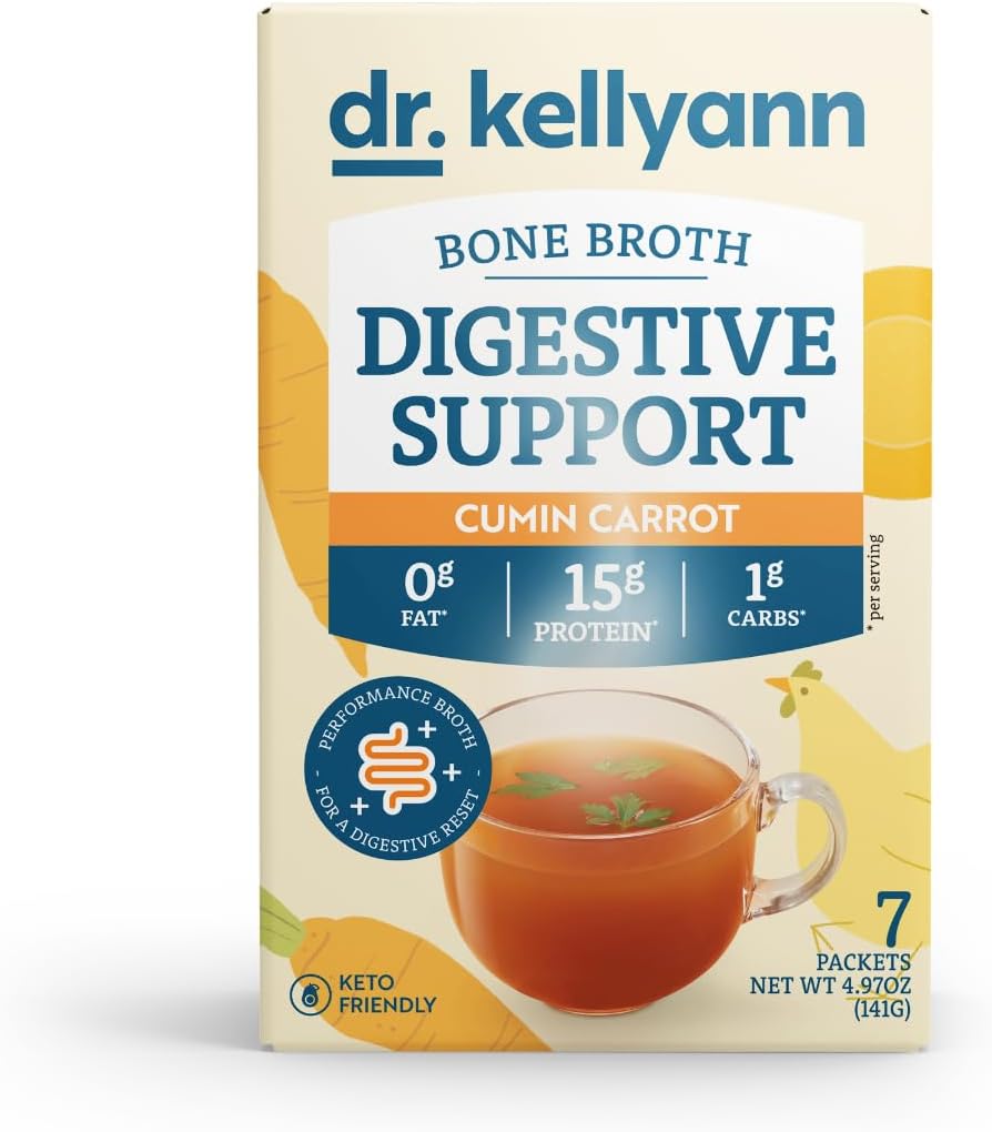 Dr. Kellyann Bone Broth + Digetical Dupder Collagen Pawder (7 Servings, 1 Box), 16g Protein / Serving, 100% Grass- Fed Hydrolyzed Powder Collagen, Keto & Paleo Friendly - Cumin Carrot