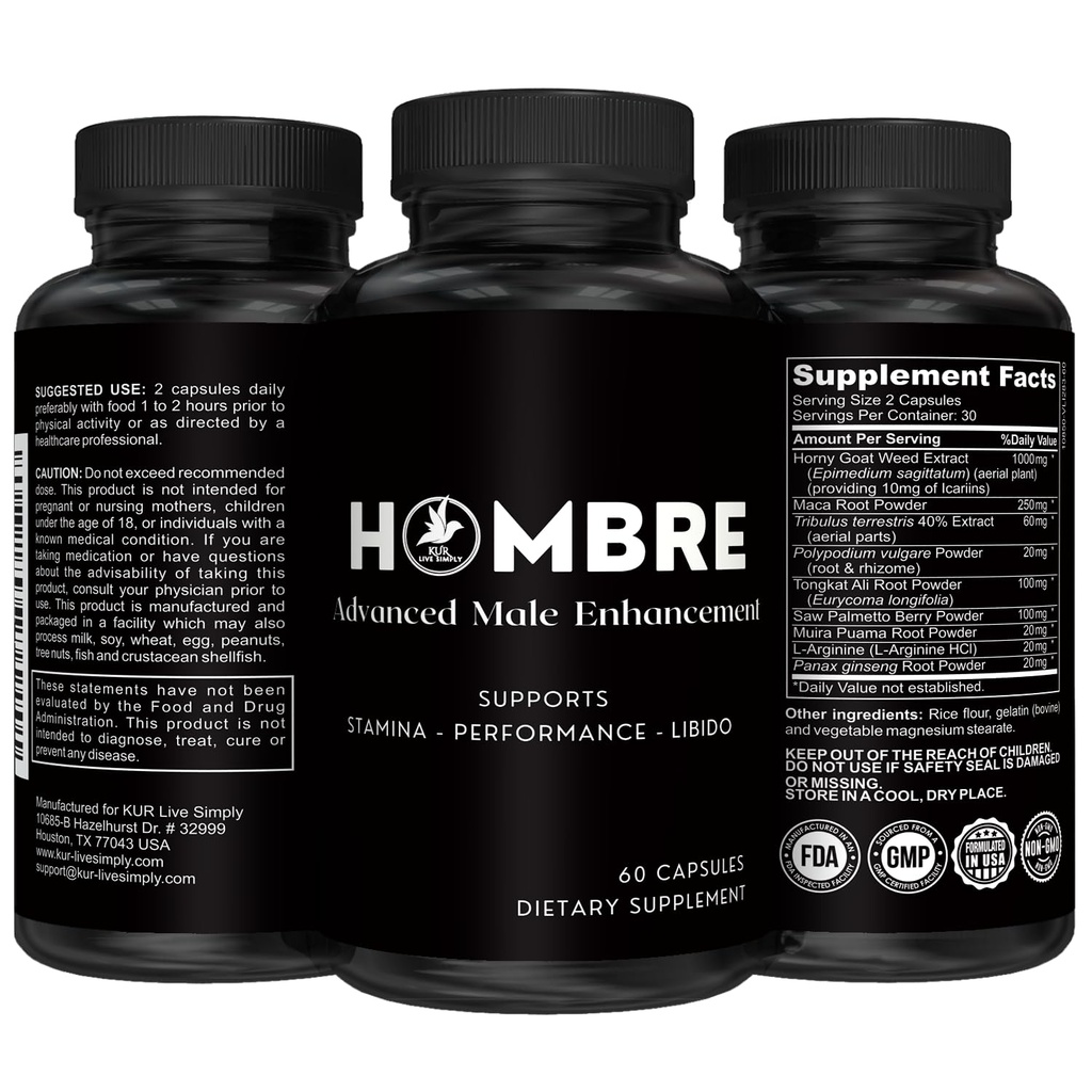 Hombre Male Enhancing Supplement - Tambahkan 2 dalam 60 Hari Dengan Pencerahan kami Pil Untuk Perkembangan Otot Pria - Meningkatkan Ukuran, Kekuatan, Stamina - Endurance, Performance, Tenaga Booster - 60 Katup