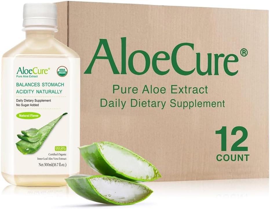 AloCure USDA Organik Aloe Vera Juice Made Inside 12 Hrs of Harvest - Pure Aloe Juice Natural Digetical Suppport Dibuble, Imune System and Balanced Stomach Acidity, 12 x 500ml Botol