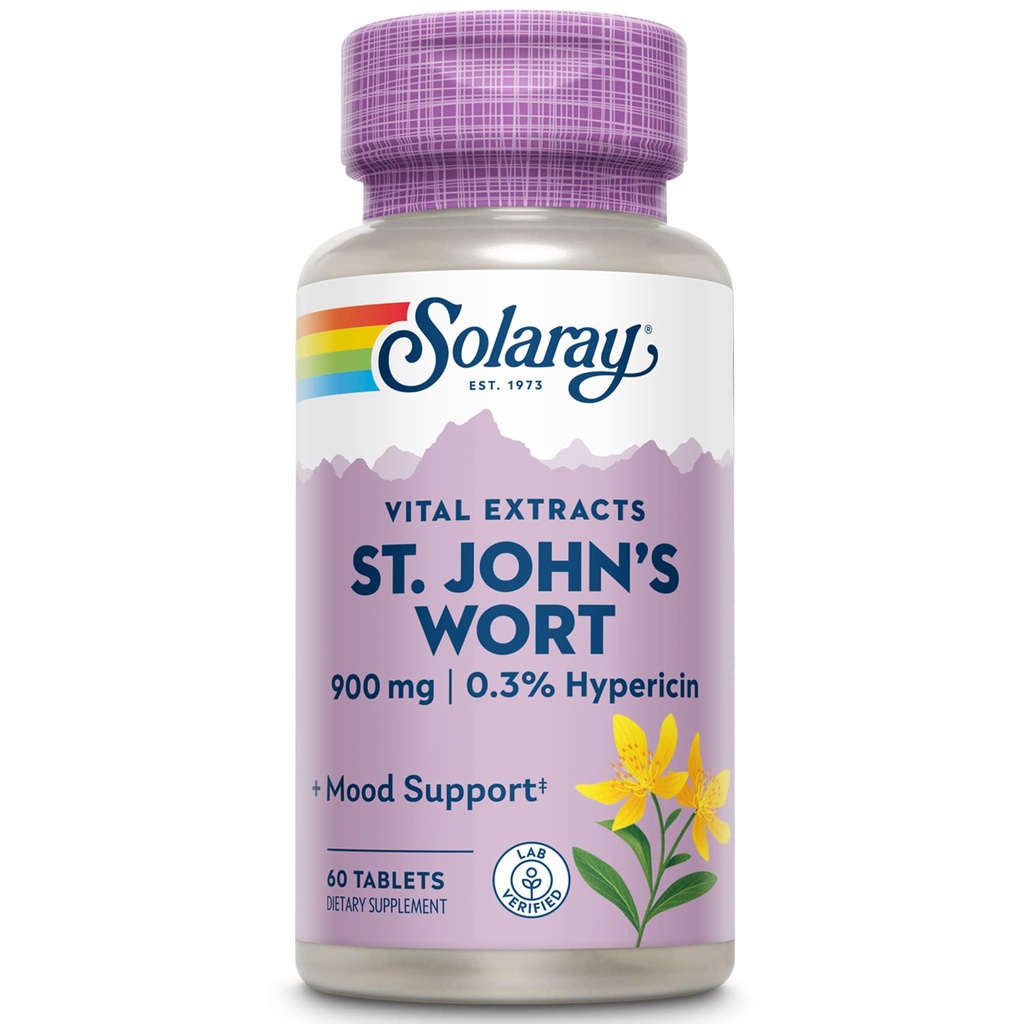 SOLARAY St Johns Cort Aerial Extract Satu Harian 900mg, Standardisasi w / 0.3% Hypericin untuk Mood Stability & Brain Health Dukungan, Non-GMO 124; 60 Servis 124; 60 tablet
