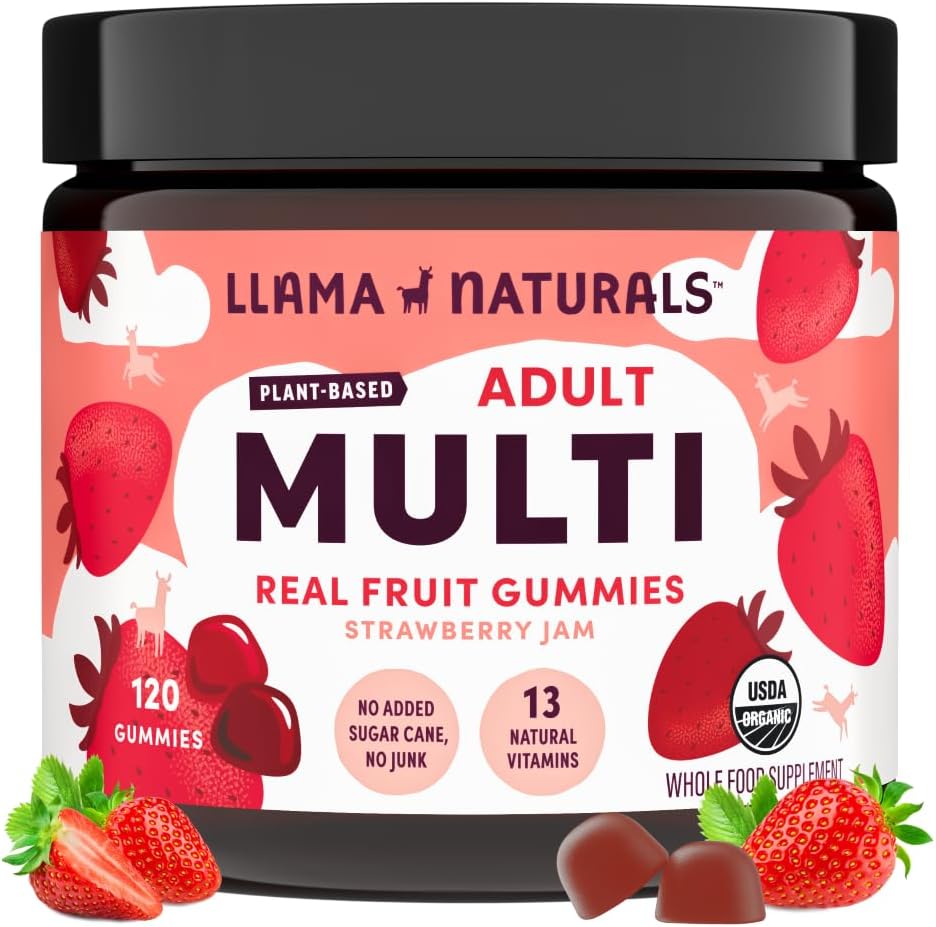 Llama Multivitamin untuk Perempuan & Pria, Vegan, Gumi Organik dengan Vitamin D, C & K, Gummy Vitamin Real Dewasa, Suplemen Multivitamin Chewable, Tidak Ditambahkan Sugar Cane, Strawberry, 120 Ct