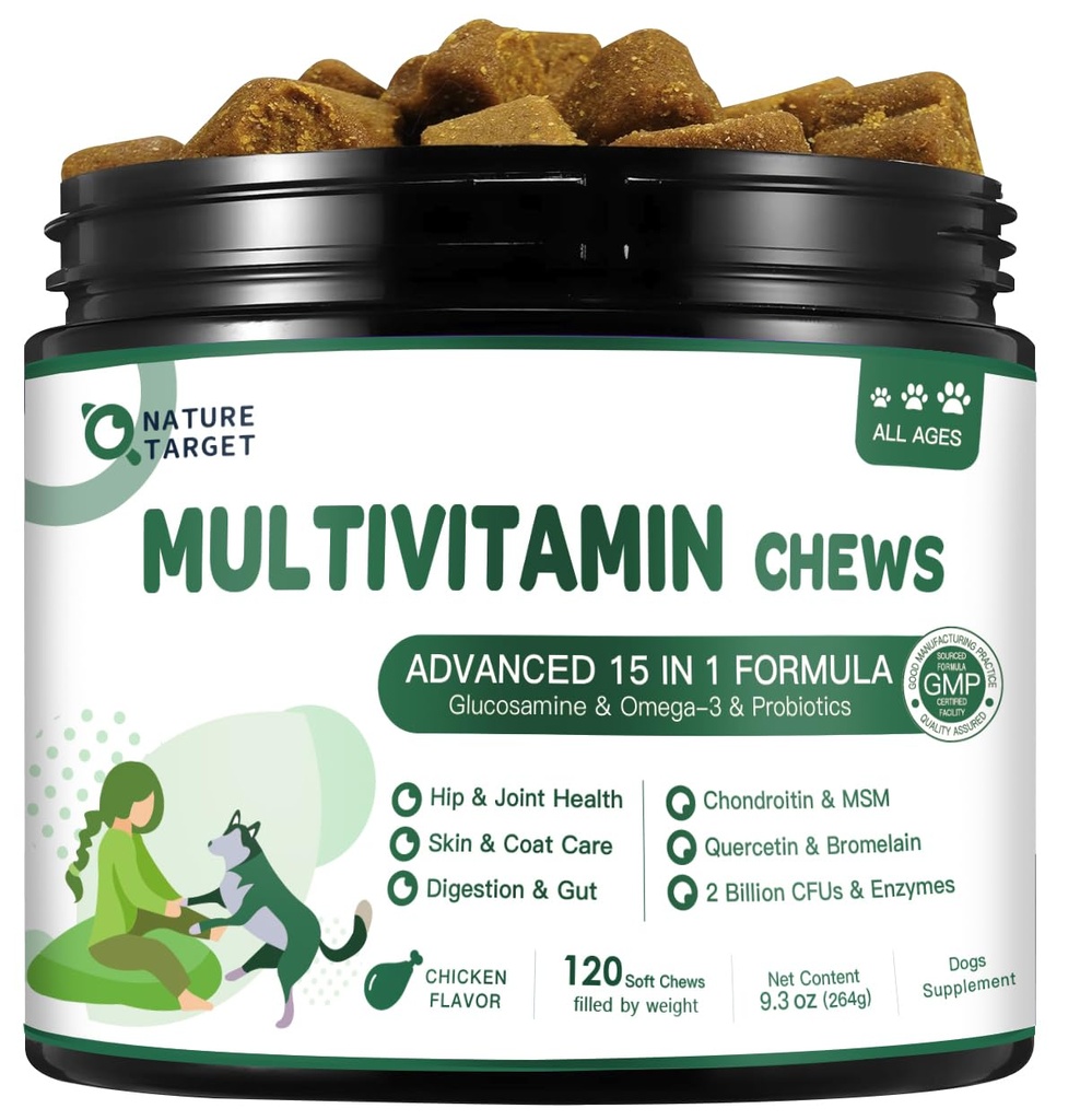 NAFURE TARGET Multivitamin for Dogs - dengan MSM & Glucosamin, Omegas 3 & 6, Progories for Digetical Health, Dukungan Bersama, Skin & Coat, Immune System & Overall Health 120 Soft Chews