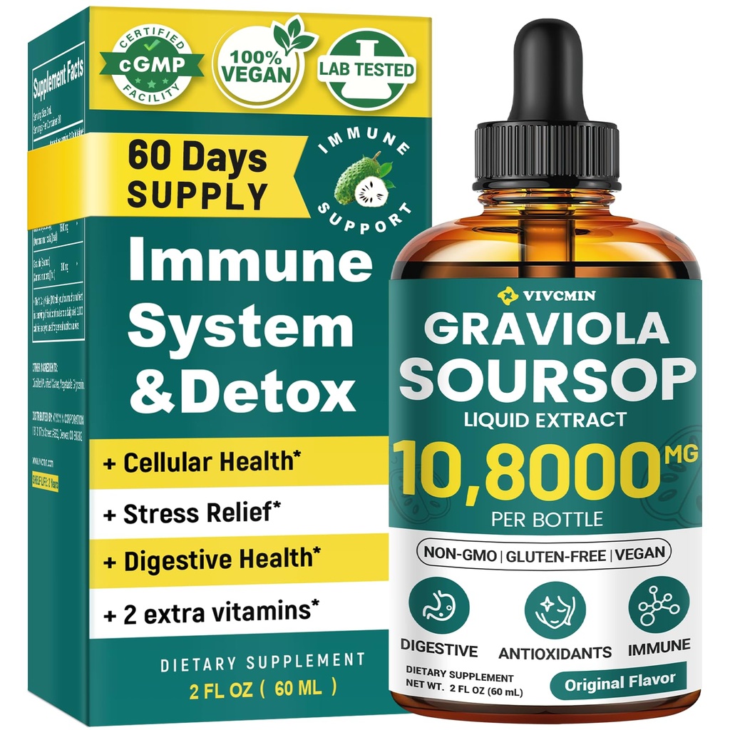 Liquid Graviola Soursop Extract - Cair Soursop Bitters, Dukung Imune, Relax, Liver and Sleep 124; Non-GMO, Sugar & Gluten Free, Original Flavor, 2 Fl Oz