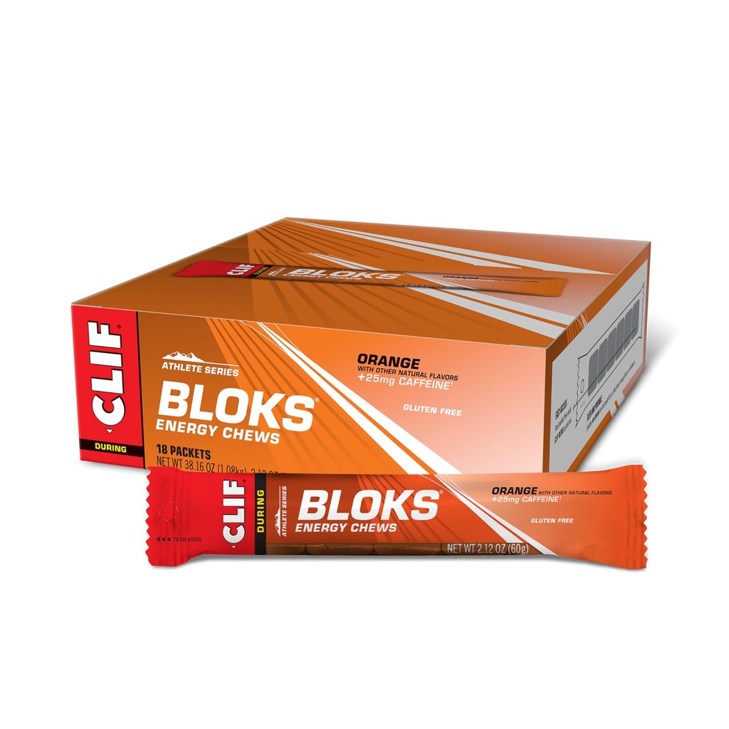 CLIF BLOKS - Orange Flavor dengan Caffeine - Energy Chews - Non-GMO - Plant Based - Fast Fuel for Cycling and Running - Quick Carbohydrates dan Electrolites - 2.12 oz (18 Count)