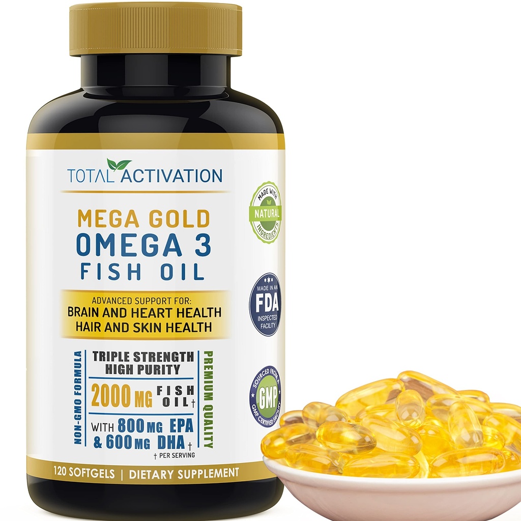 Tambahan Minyak Ikan Omega 3 - 2000mg dengan EPA DHA & Vitamin E - Burpless, Triple Kekuatan Dukungan untuk Pria & Women - 120 Swallow Softgels Mudah