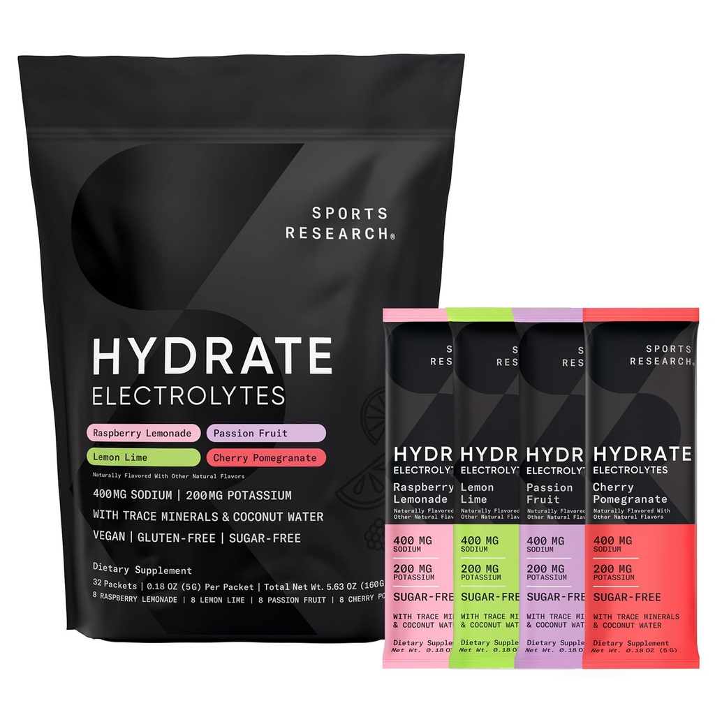 Riset Olahraga ® Hydrate Electrolite Powder Pawder - Sugar- Free & Alamy Flavored with Vitamin, Mineral, and Coconut Water - Supports Hidration - 32 Paket - Variety Pack