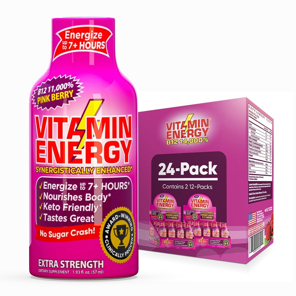 Vitamin Energy B12 11.000% Energi Kekuatan Ekstra Shot Pink Berry 24 Pack, 260mg Natural Caffeine, B12 & B6, Nootropic Focus, Vitalitas, Zero Sugar, Gluten- Free, Vegan, Kosher, 1.93 fl oz