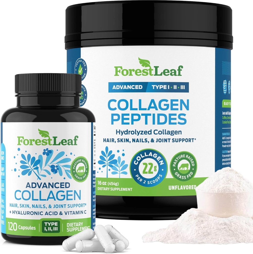 ForestLeaf Collagen Suplemen Bundle - 2- dalam 1 Hydrolyzed Collagen Peptides Powder dan Collagen Pills - Grass Fed Bovine Collagen untuk Perempuan dan Collagen untuk Pria