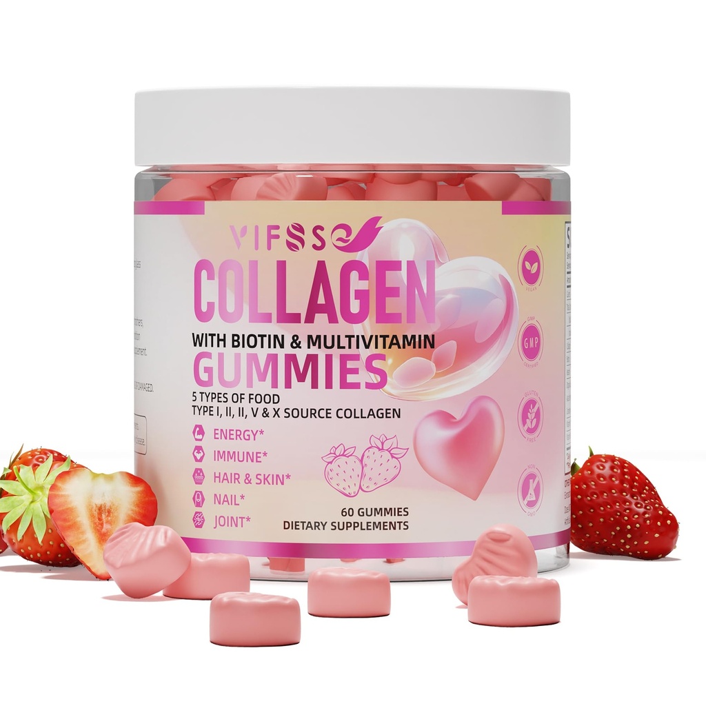 Collagen Peptide Gummies for Women, 120 Sugar- Free Hydrolyzed, Ekstra Kekuatan 2500mg Protein Tipe I, II, III, V, X dengan 15000mcg Biotin dan Vitamin A B6 B12 C D E untuk Rambut Skin Nail