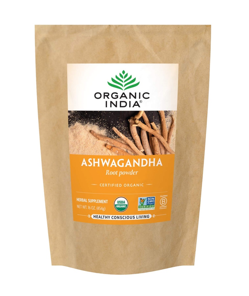 ORGANIC INDIA Ashwagandha Powder Organik - Ashwagandha Root Powder Bulk, Herbal Suplement - Vegan, Gluten- Free, Kosher, Non-GMO, Support Stress Relief, Energy, and Sleep - 1lb Bag