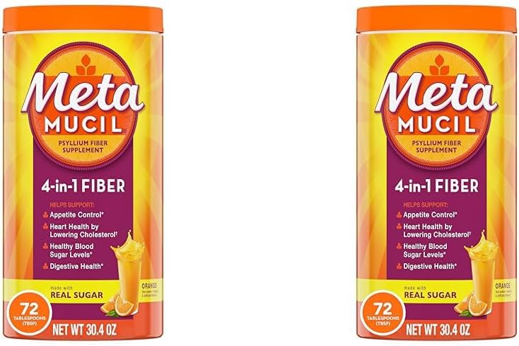 Metamucil Fiber, 4 in 1 Psyillum Fiber Powder with Real Sugar, Orange Smooth Flavored Drink, 72 Servings (Packaging May Vary), Polture Texture, 1.9 Pound (Paket 2)