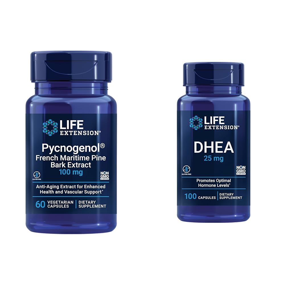 Ekstensi Hidup Perancis Maritim Pine Bark Ekstrak dengan keseimbangan DHEA Hormone - 60 Capsules Pycnogenol & 100 Capsules DHEA 25mg