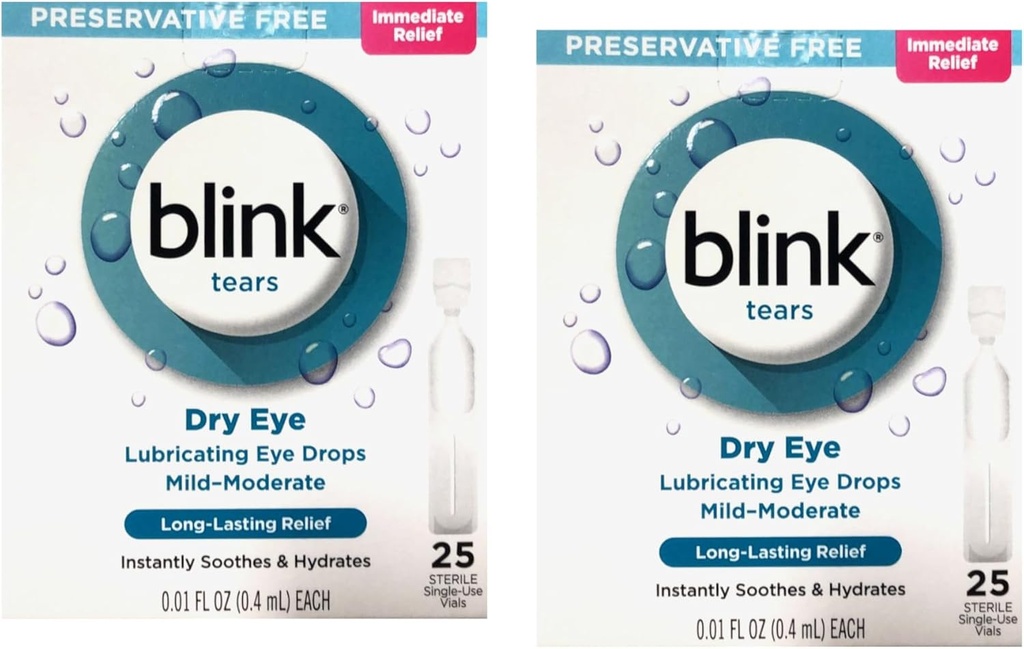 Air mata Berkedip Pengawet Bebas Lubricating Eye Drops, segera dan Long- Lasting Relief untuk Dry Eyes, 25 Sterile Single - Gunakan Vials, 0.01 FL OZ (0.4 mL) Masing-masing (Paket 2)