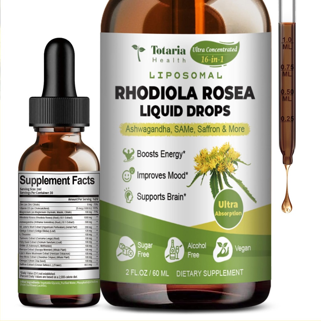 Totaria 16- 1 Lipomal Rhodiola Rocea Tincture, Ultra Power Rhodiola Suplement w / Ashwagandha, Saffron, Magnesium, SAM-e, Rhodiola Extract Liquid Drops untuk Relaxation Natural, Mood, Energy