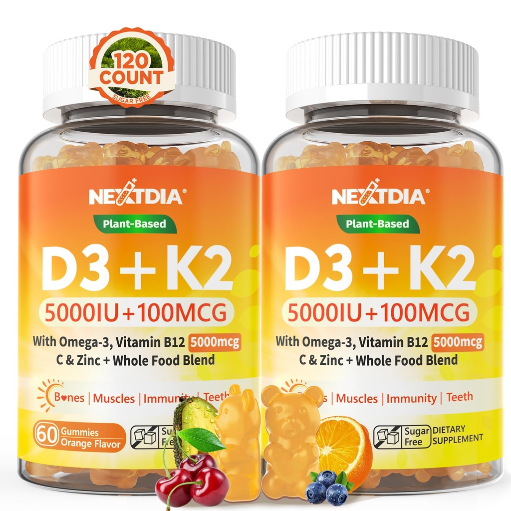 Vitamin D3 K2 Gummies 5000IU / 10.000 IU dengan Omega-3 250mg + K2 (MK-7) 100mcg - 5X Absorpsi Dari Standard D3K2, dengan Vitamin C, Zinc, dan 5 Organik Vegetable, Mempersiapkan Kekuatan Tulang & Gigi, kekebalan