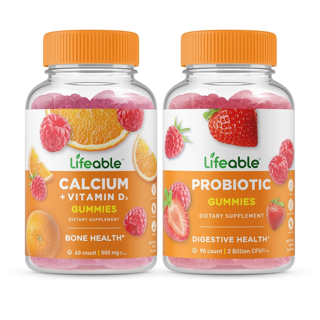 Lifeable Calcium dengan Vitamin D + Probiotic 2 Milyar CFU, Gummies Bundle - Tasting, Suplemen Vitamin, Gluten Bebas, GMO Bebas, Chewable