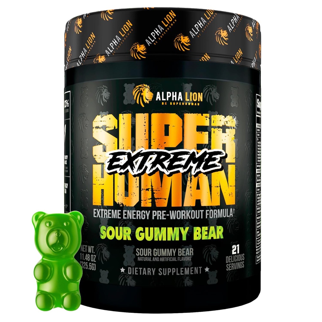 ALPHA LION Superhuman Extreme High Stim Pre Workout Powder, Beta Alanine, L-Taurine & 356mg Kafein Sumber untuk Energi Terlarang, Nitric Oxide & Citrulline untuk Pompa (21 Pelayan, Sour Gummy Bear)