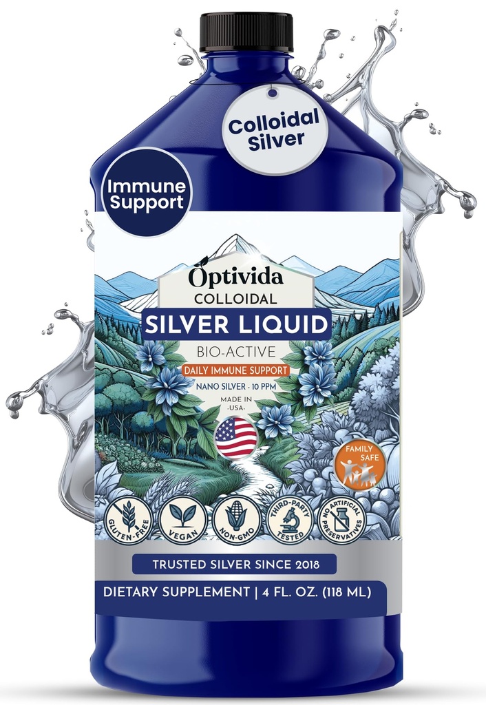 Optivida Health Colloidal Silver Liquid (32 oz) - Premium Nano Silver Colloidal Suplement for Daily Wellness & Imune Duption, Natural Liquid Silver Hydrosol for Dewasa & Kid, Nun-GMO, Gluten- Free