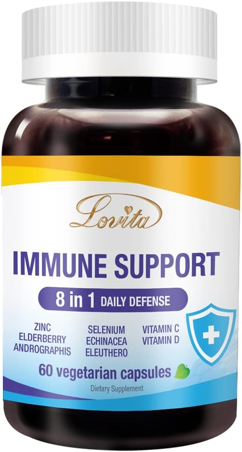 Lovita Immune Dukung 8 dalam 1, Elderberry dengan Zinc dan Vitamin C, Vitamin D, Selenium & Echinacea, Andrographis, Siberian Ginseng - Imune Booster Suplemen, 60 Vegetarian Capsules