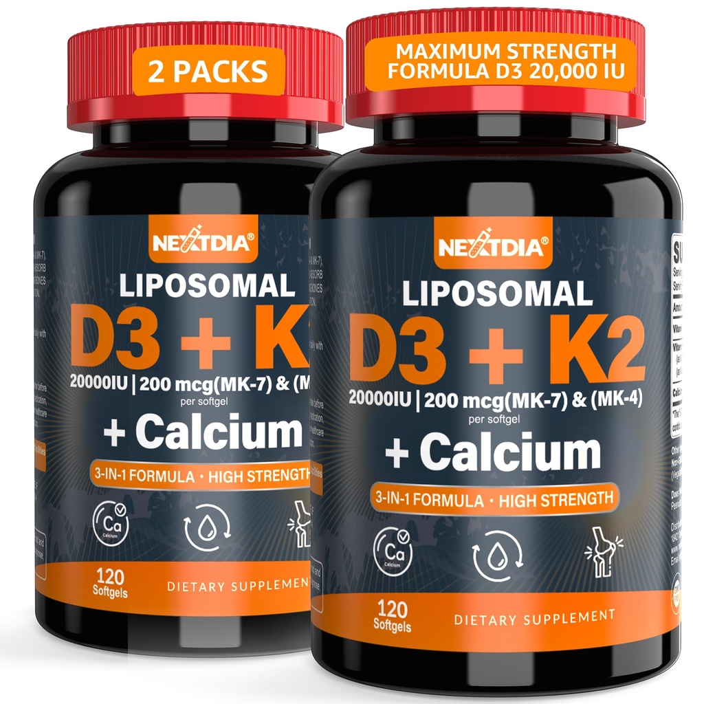 Vitamin D3 20.000 IU + K2 Vitamin (MK4 & MK7) 200mcg + Calcium Citrate, Optimal Vitamin D3 K2 Softgel - Strong Bone & Muscle, Calcium Absorpsi, Membantu Penyewa Vitamin D, Mudah ditelan, 2Pack