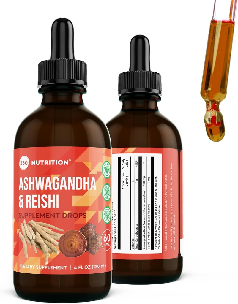 360 Nutrition Ashwagandha & Reishi Root Deplement Drops for Stress Relief, Stamina & Longevity, and Energy Support - Vegan Non-GMO Adaptogenic - 4 flf oz, 60 Servings
