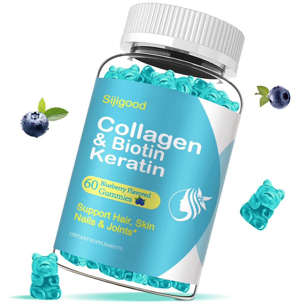 Biotin Gumi dengan Collagen, Kertin, Acid Hayalon, Vitamin untuk Skin, Rambut Pertumbuhan, Nails Wanita Pria Dewasa - 60 Blueberry Gummies Flavored
