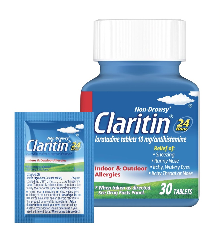 Claritin Allergy Medicine for Adules, 24- Hour Non-Drowsy Loratadine 10 mg pills, Antihistamin, 30 tablet + 1ct On- TheGo Relief