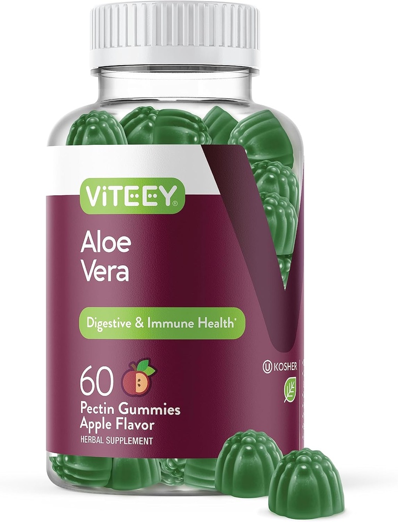 Viteey Aloe Vera Gummies untuk orang dewasa - 50mg - Aid in Dibuble and Immune Health - Aloe Vera Suplement - Vegan, Gelatin Free, Gluten Free, GMO Bebas, Tasty Chewable Raspberry Flavored Gummy