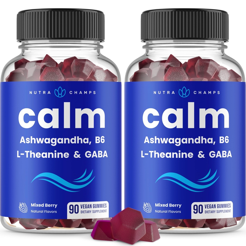 NutraChamps Calm Gummies, Stress Gummies Supplemen dengan Ashwagandha, L-Theanine, GABA, Vitamin B6 & Lemon Balm, 90 Gummies (Paket 2)