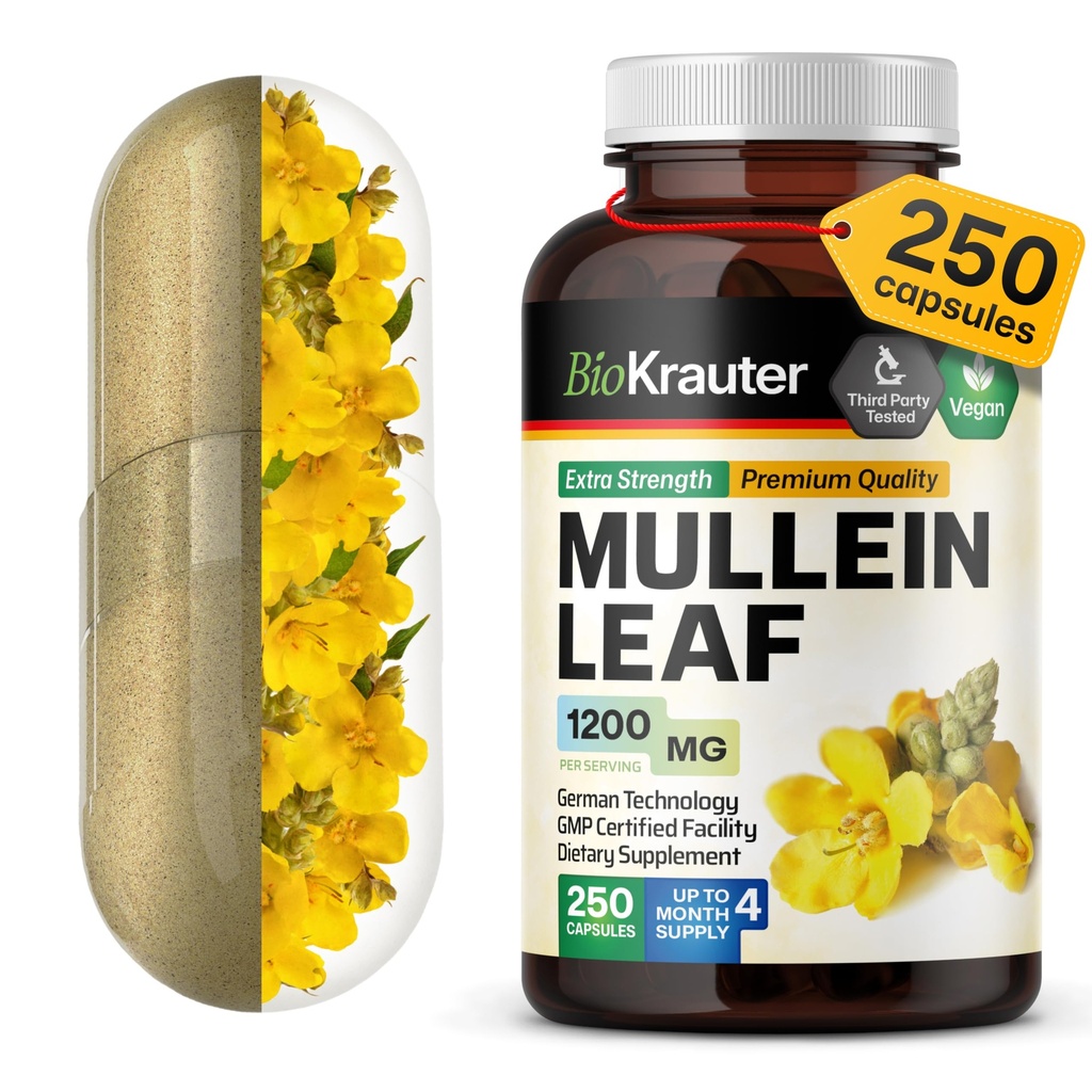 BIO KRAUTER Mullein Capsules 1200 mg Count - Precious Vegan Mullein Extract for Lungs - 125 Days of Supply - Lung Cleanse & Respiratory Support Suplemen - Tidak Ada Pemalang, Non-GMO