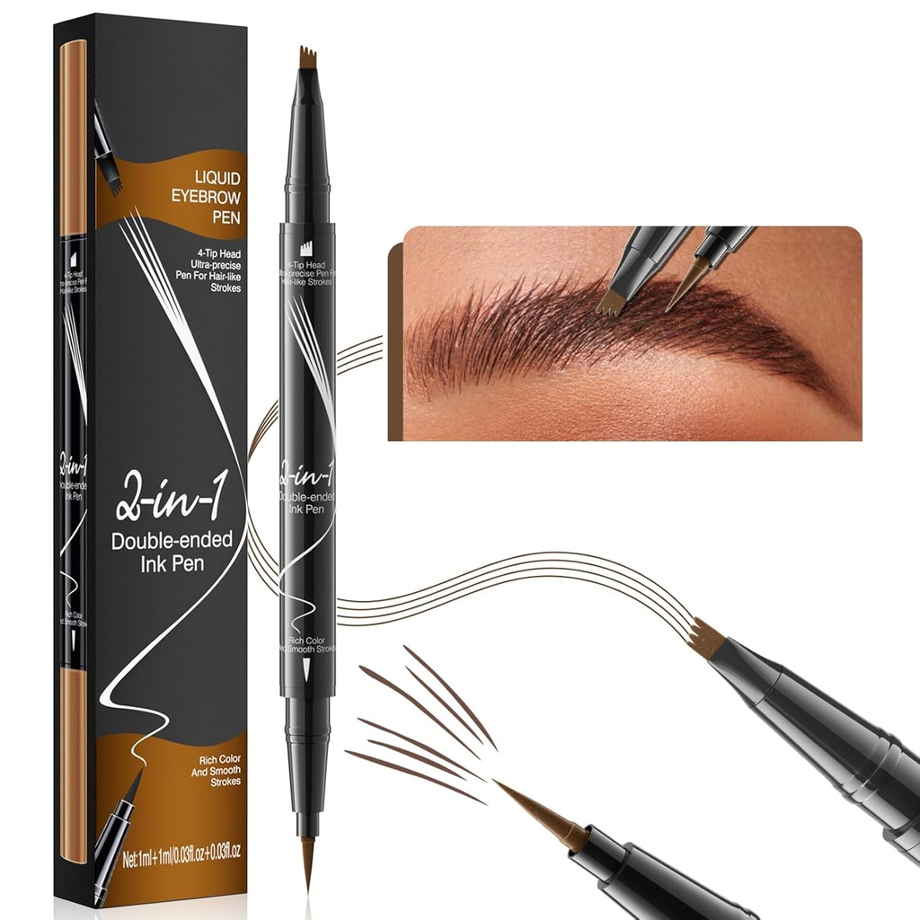 9706 2-in-1 Double-Ended Liquid Pen, 4 Tip Head & 1 Tip Ultra Fine Eyebrow Pen, Eyews Realistik Draw, 4 Color, Waterproof (2 # Dark Brown)