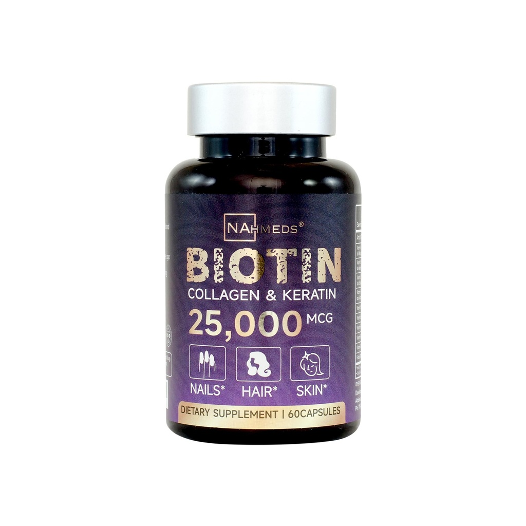 Biotin + Beauty Blend - 25.000 mcg Complex dengan Collagen, Keratin, MSM - Rambut, Skin & Nail Dukungan - Gluten- Free - GMP, ISO 22000, HACCP Certifikasi - COA Tersedia - 60 Capsules
