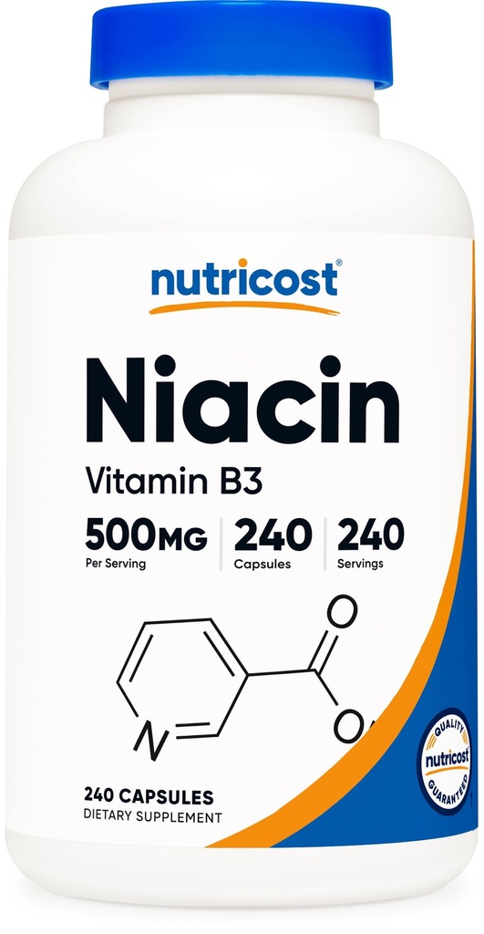 Niasin (Vitamin B3) 500mg, 240 Kapsul - dengan Flushing, Non- GMO, Gluten Bebas