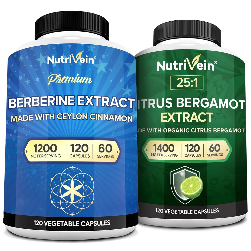 Nutrivena Premium Berberine 1200mg & Citrus Bergamot Extract 1400mg Bundle - Ceylon Cinnamon & 25: 1 Bergamia Extract - Wight Management & Imune Support Plus Heart Health - 120 Capsules Each