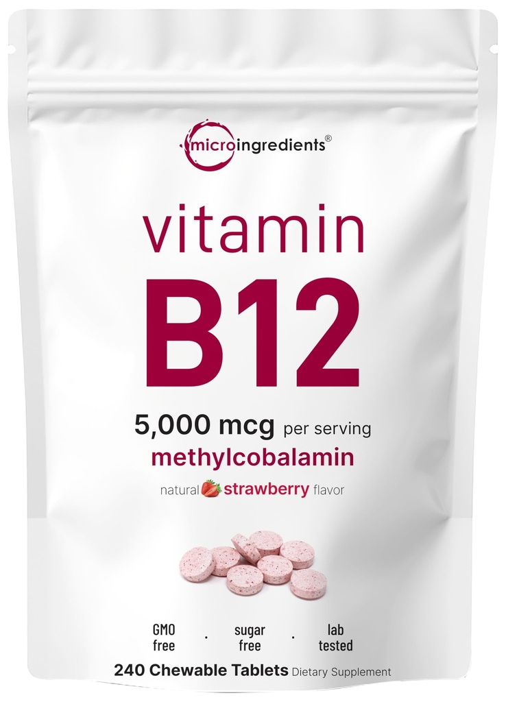 Mikro Ingrediens Vitamin B12 5.000 mcg 124; Methylcobalamin - 240 Tablet Chewable 124; Dissolve Cepat, Natural Strawberry Flavor 124; Support Energy & Metabolisme Kesehatan 124; Vegan, Non-GMO, Gluten Bebas