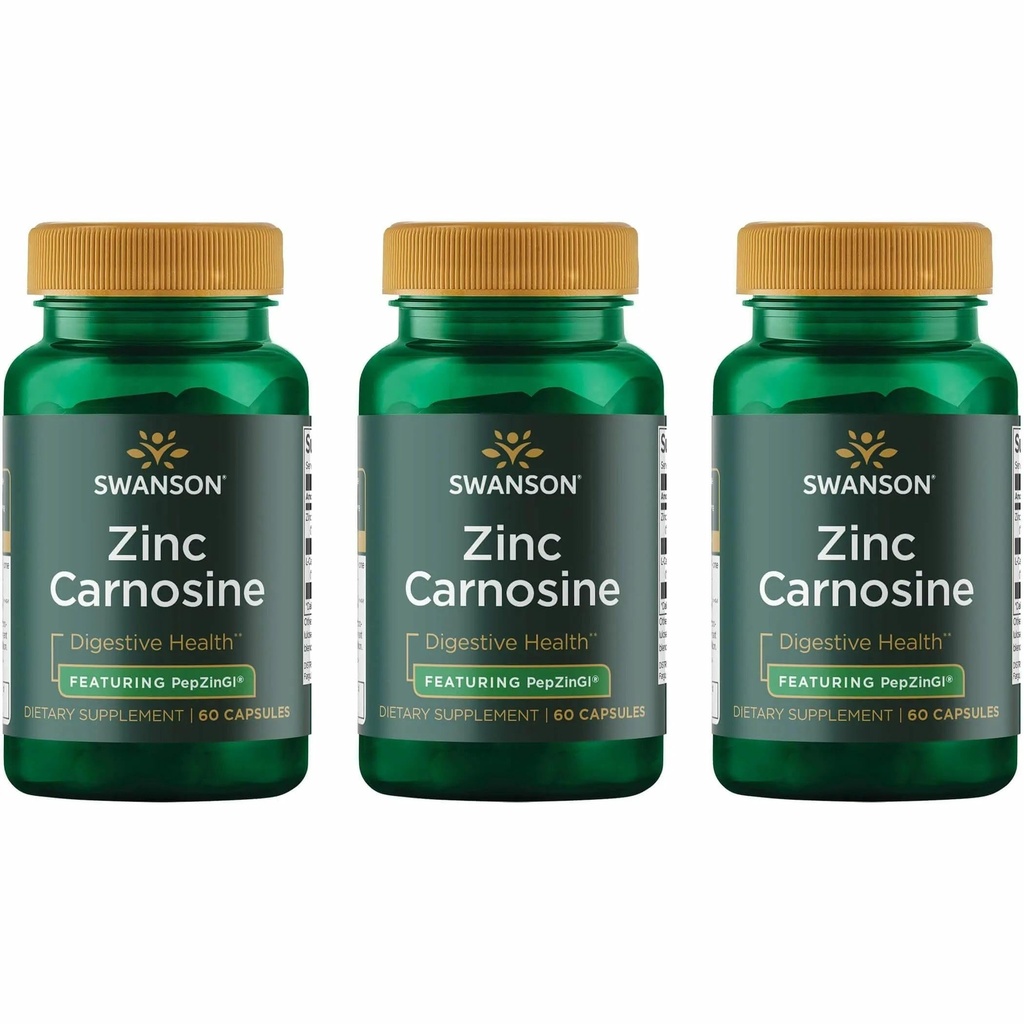 Swanson Zinc Carnosine (PepZin GI) - Suplemen Natural Promoting Gastric Health & Digetical Support - Dupports Microbial Balance in The Stomach - (60 Capsules) (3 Pack)