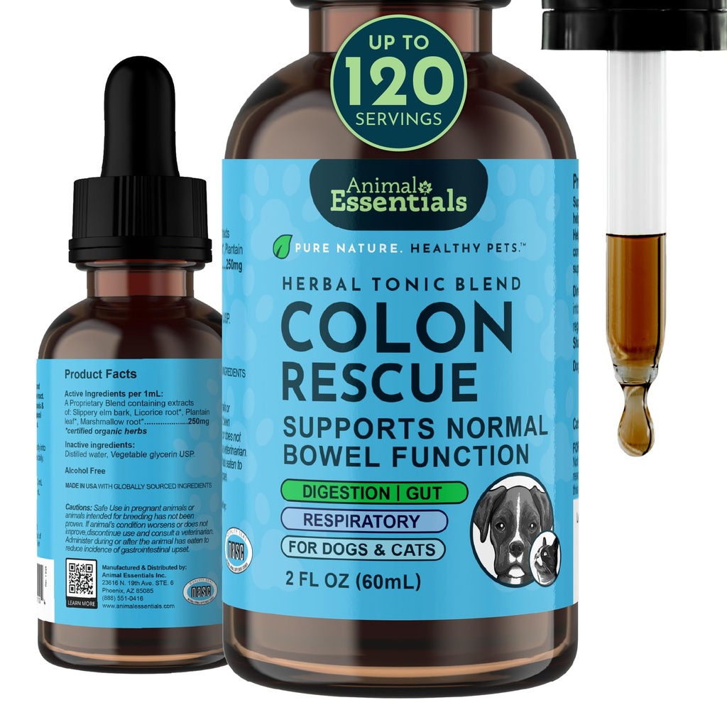 Animal Essentials Colon Rescue - Dog Stool Softener, Organic Slippery Elm Bark, Fast Acting AntiDiare Liquid Drops for Dogs & Cats, Natural Constipation Relief Suplemen untuk Pets - 2 fl oz