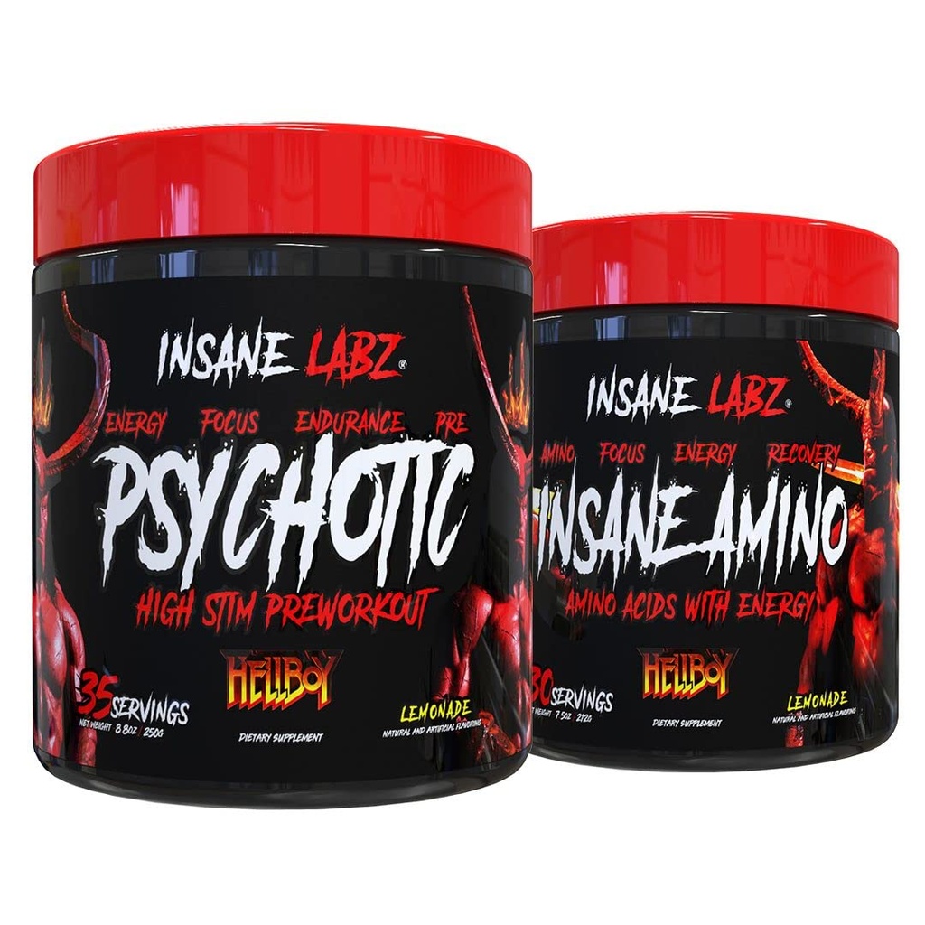 Labz Hellboy Bundle, Psychotic Hellboy Pre Workout dan Insane Amino BCAA, Increase Muscle Mass, Power, Focus and Recovery Time, Lemonade