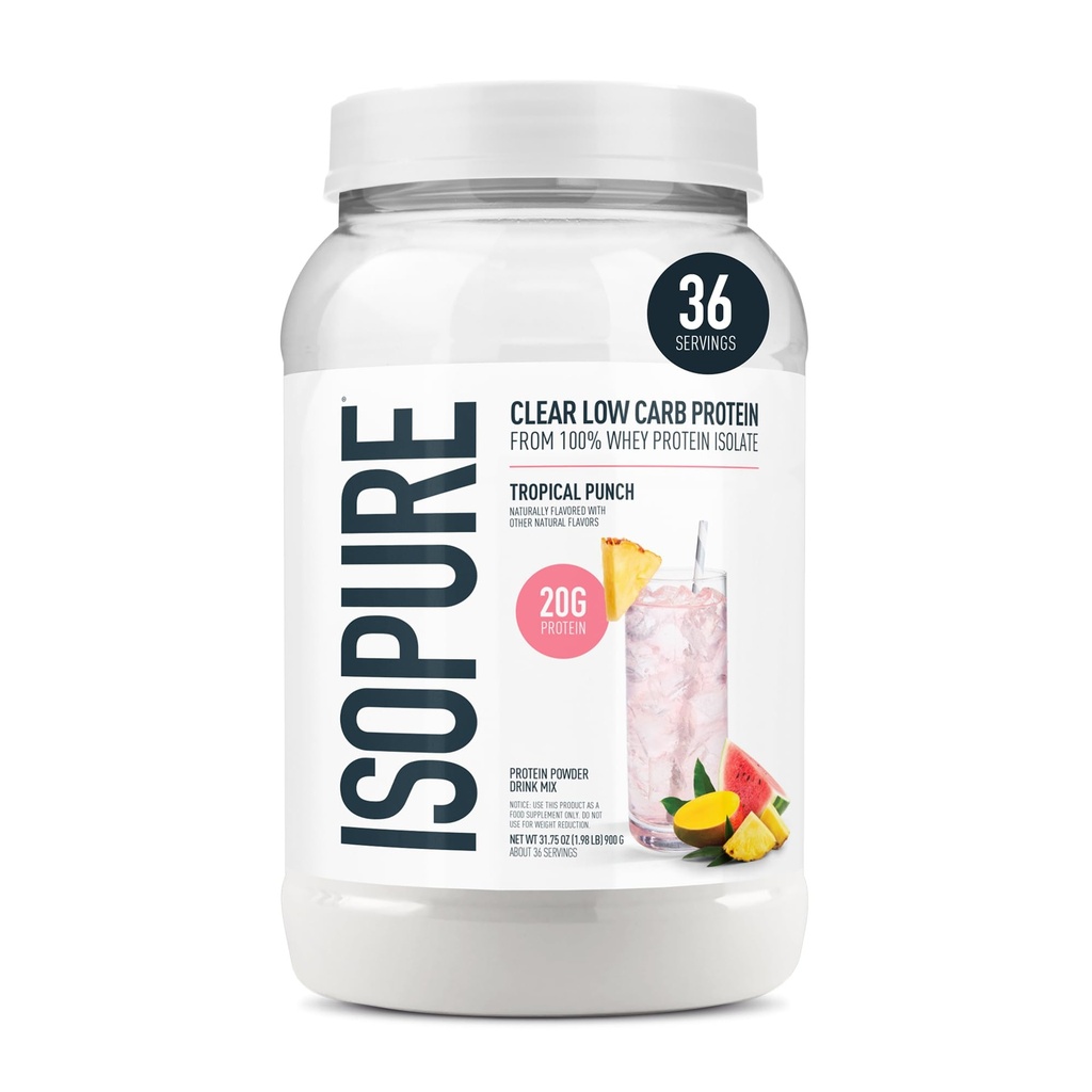 Isopure Clear Whey Isolate Protein Powder, Laktosa Free, Gluten Free, Alamic Flavored, Tropical Punch, 20g Protein Per Serving, 1.9 Lbs, 36 Servings (Packaging May Wary)
