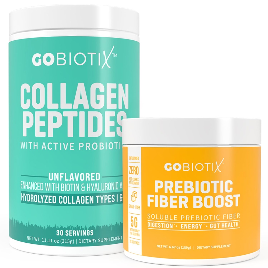 GOBIOTIX Fiber & Collagen Bundle: Rambut, kulit, Gut Dukungan - 30 Servis Collagen, 35 Servis Fiber