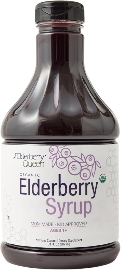 Elderberry Queen Organic Elderberry Syrup 30 Fl Oz - Imune Dukung Formula dengan Sambucus Black Elderberry & Aronia Berry - Pure Natural Sertifikasi Organ Syrup untuk Anak-anak dan Dewasa