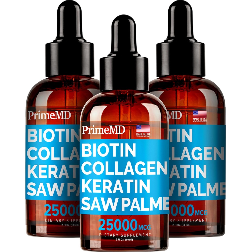 PrimeMD 4-in 1 Liquid Biotin Collagen Keratin Saw Palmetto Drops (3 Pack) Bundle - 25000mcg Hair Nails dan Skin Vitamin untuk Perempuan & Pria - 2 Fl Oz Masing-masing, Watermelon Flavor, Gluten- Bebas, Non-GMO