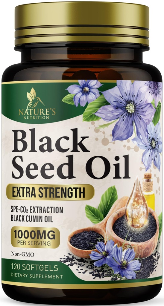 Softgeels Minyak Benih Hitam 1000mg - Premium Nigella Sativa Blackseed, Pure Natural Black Cumin Oil & Antioksidant untuk Dukungan Skin & Imune - Non GMO, Botol di AS Tambahan - 120 Softgeels