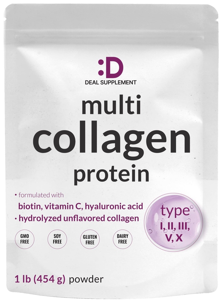 Multi Collagen Protein Powder, 1Lb - Tipe I, II, III, V, X Collagen Peptides dengan Biotin 1000mcg, Vitalin C & Hyaluronic Acid - Unflafed - Keto & Paleo Frid, Great for Hair, Skin, Nails & Joints
