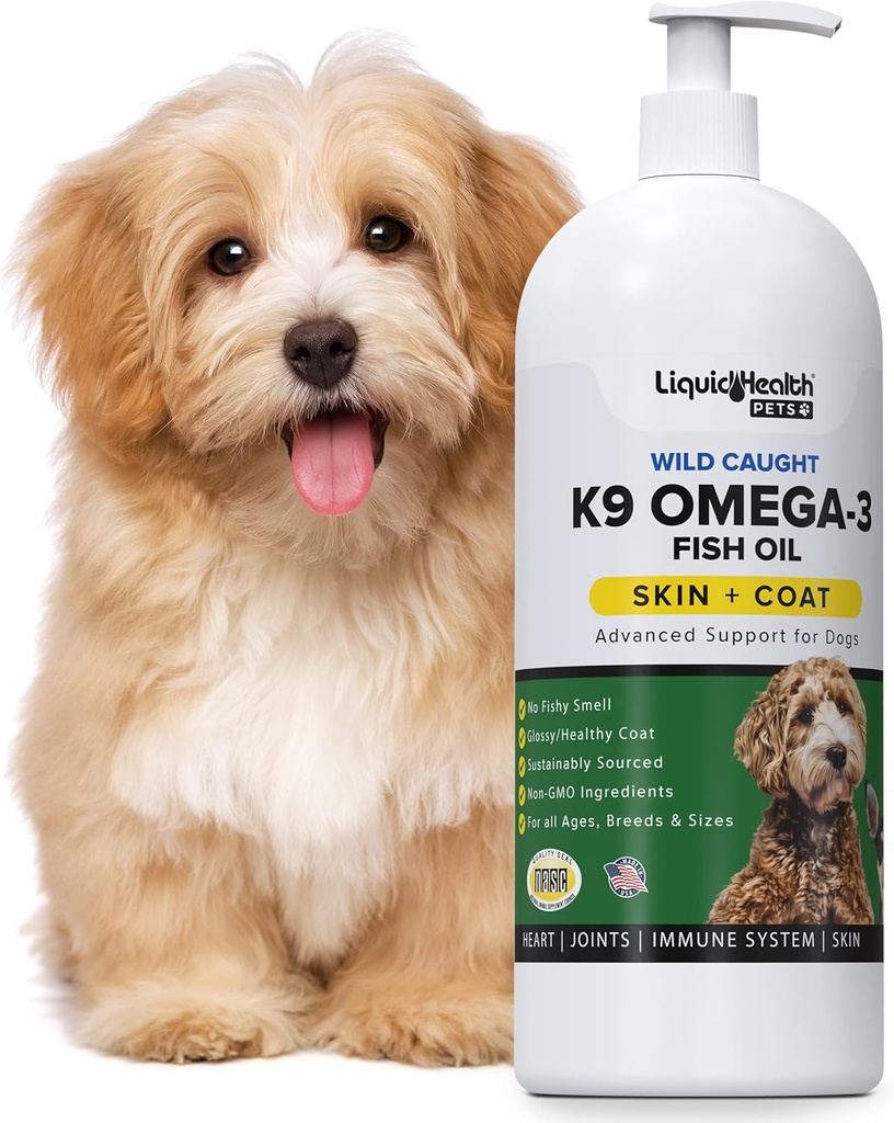 Cair Health Pets K9 Omega 3 Fish Oil for Dogs - Liquid Omega 3 Supplemen untuk Pets with EPA + DPA + DHA - Mengurangi Itching & Shedding, Dukungan Joints, Imunity, Brain & Heart Health - USA Dibuat (16 oz)