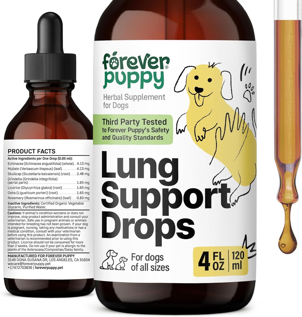 Paru Puppy Selamanya Mendukung Drops for Dogs - Repiratory Health Suplemen - Mullein Leaf & Echinacea Herb untuk Lungs - Liquid Dog Vitamin dan Suplemen - Gula & Alcohol- Free Ticture - 4 fl oz
