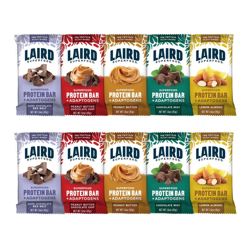 Laird Superfood Functional Protein Bars - Protein Bar tapi Lebih baik dengan Real Ingrediens, Functional Mushroom 10g Plant-Based Protein, 6g Fiber - Non-GMO - 5 Flavor Variety Pack, 10 Count (Pack of 1)