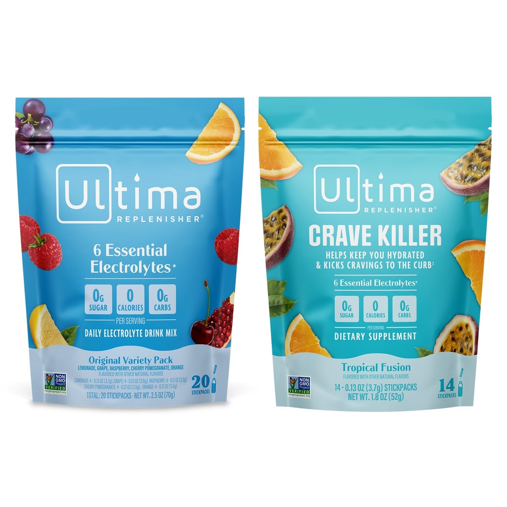 Ultima Replenisher Electrolite Powder Mix Bundle - Sugar Free - Variety, Crave Killer - 20 Stickpacks, 14 Stickpacks - 6 Electrolite and Minemary - Keto Friendly, Vegan, Non-GMO