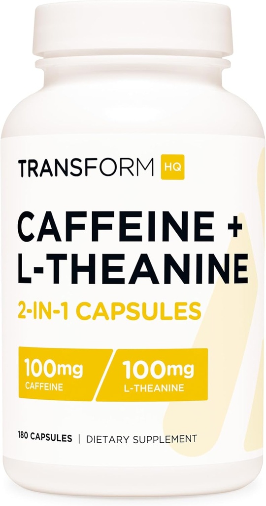 TransformHQ Caffeine & L- Theanine (100mg Masing-masing) 180 Caps - Gluten Bebas, Non- GMO